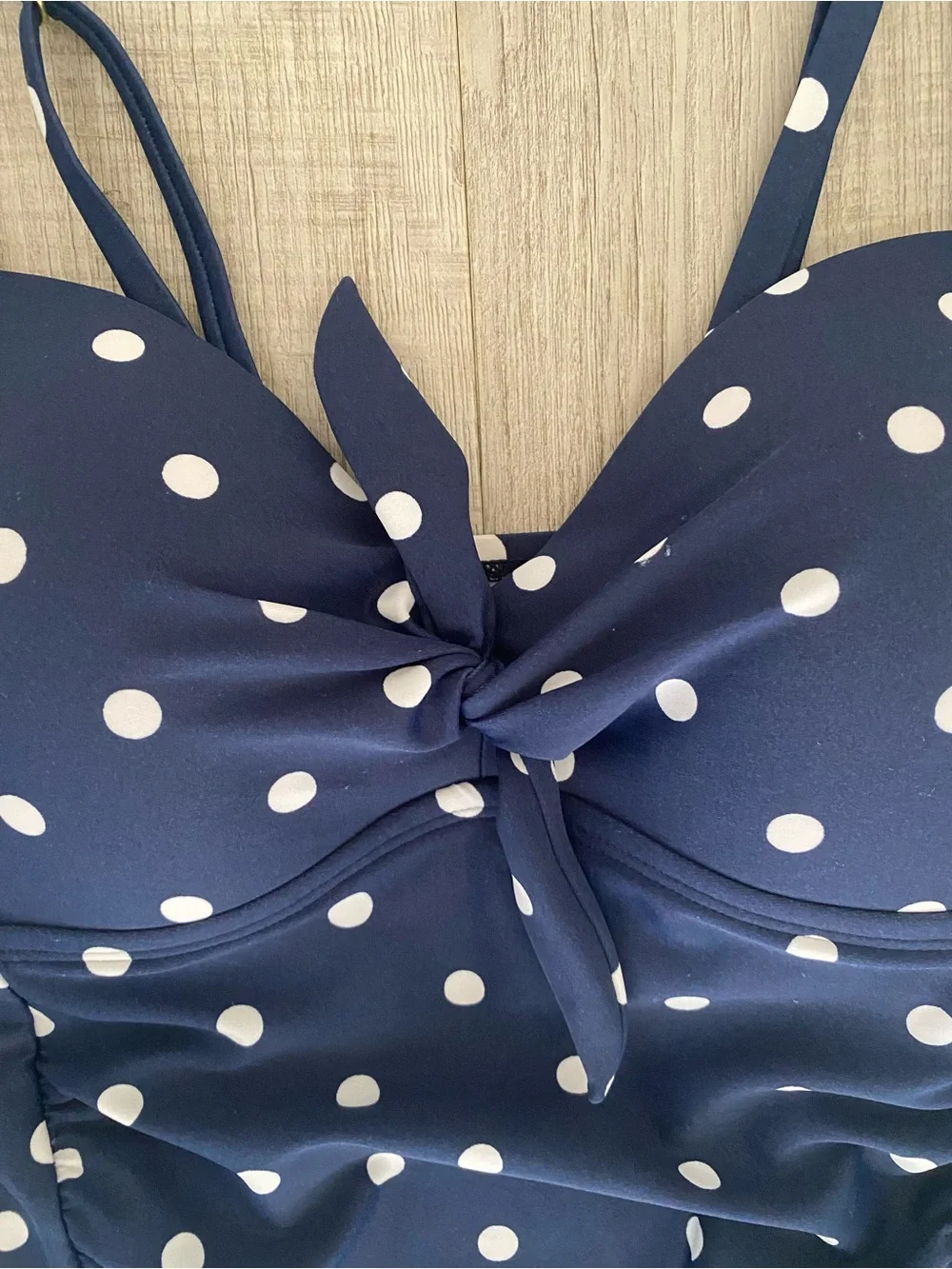 Kona Sol Shirred Tie Front Polka Dot One Piece Swimsuit Navy White Retro - Sz S